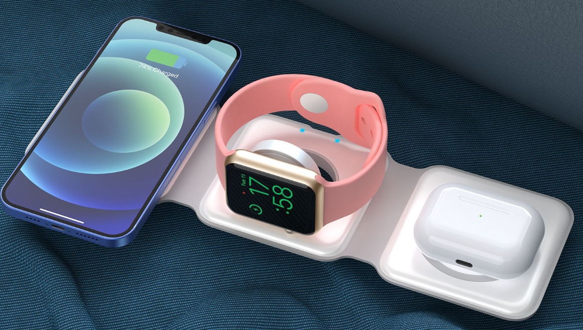 Carregador sem fio dobrável 3 em 1- Celular, Fone de ouvido e Smartwatch